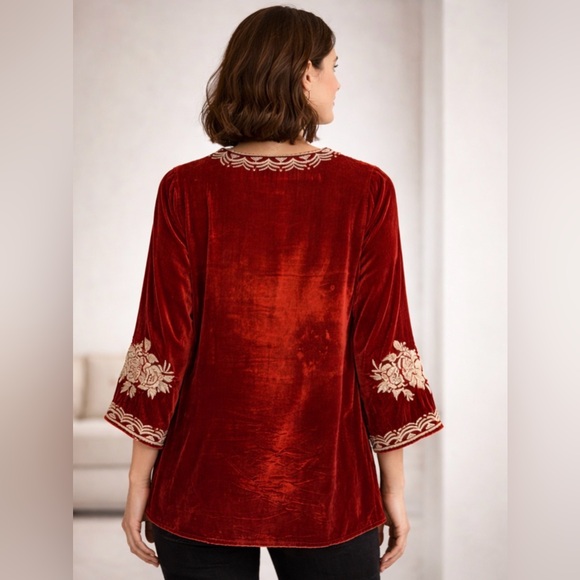 Johnny Was Velvet Embroidered Floral Boho Blouse | Rust | XS - Picture 2 of 5